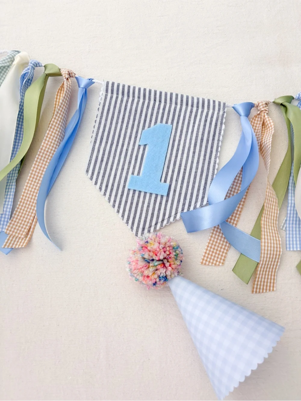 Blue LINEN First Birthday Party Banner and Hat Set by